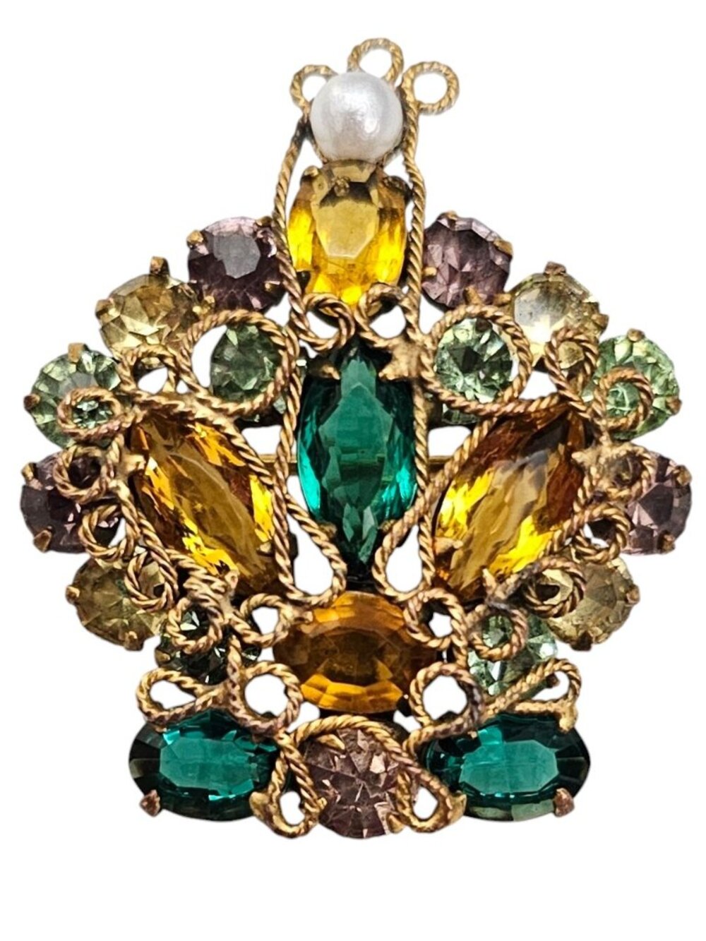 Original By Roberts Crown Brooch Pendant Green Yellow Rhinestone Pin, L537